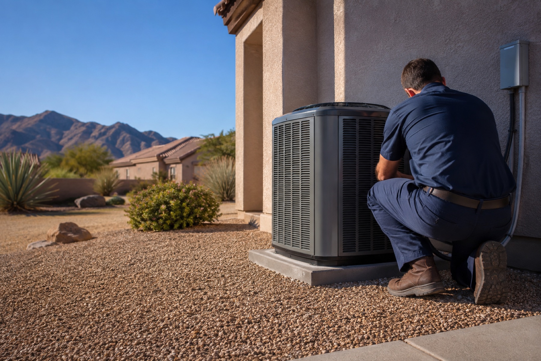 HVAC technician inspecting an outdoor air-conditioning unit beside an Arizona home